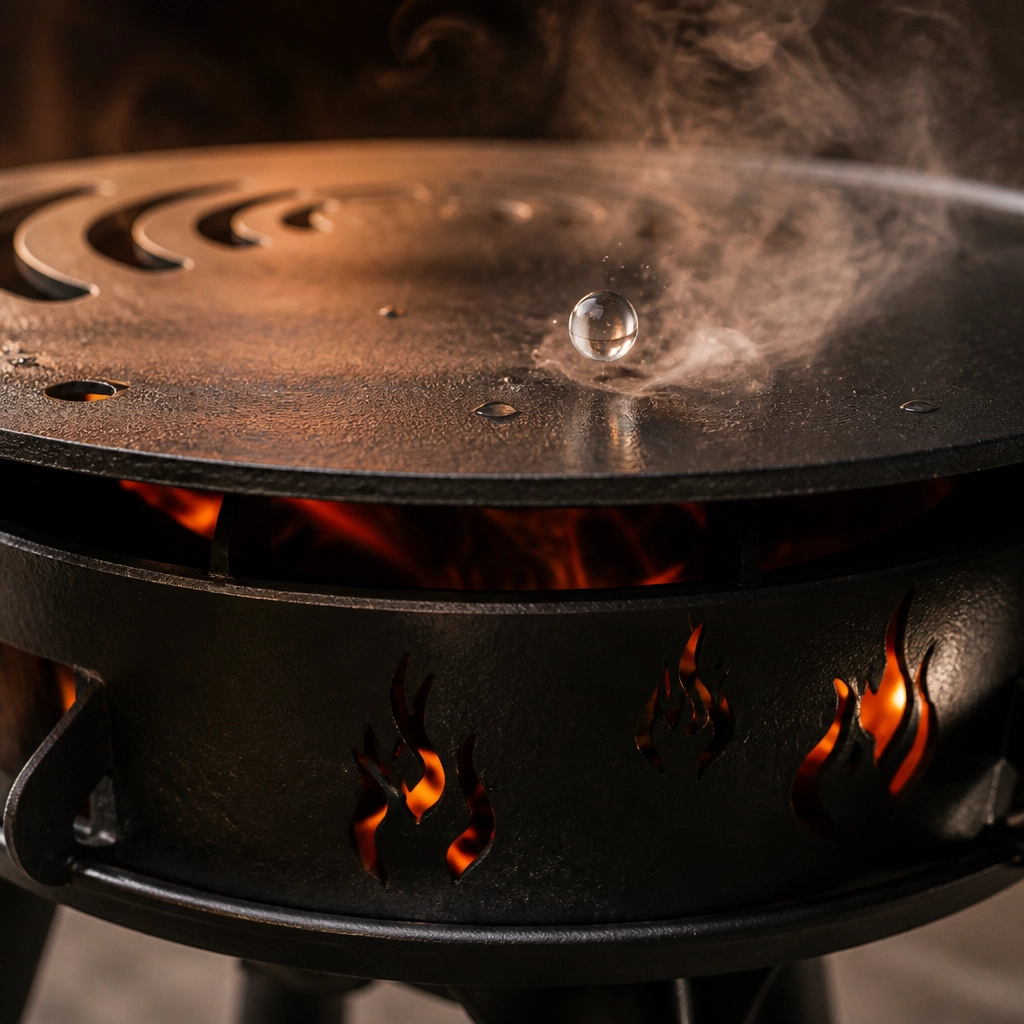 Plancha sur brasero en phase de chauffe avant première cuisson, test de la goutte d'eau qui perle