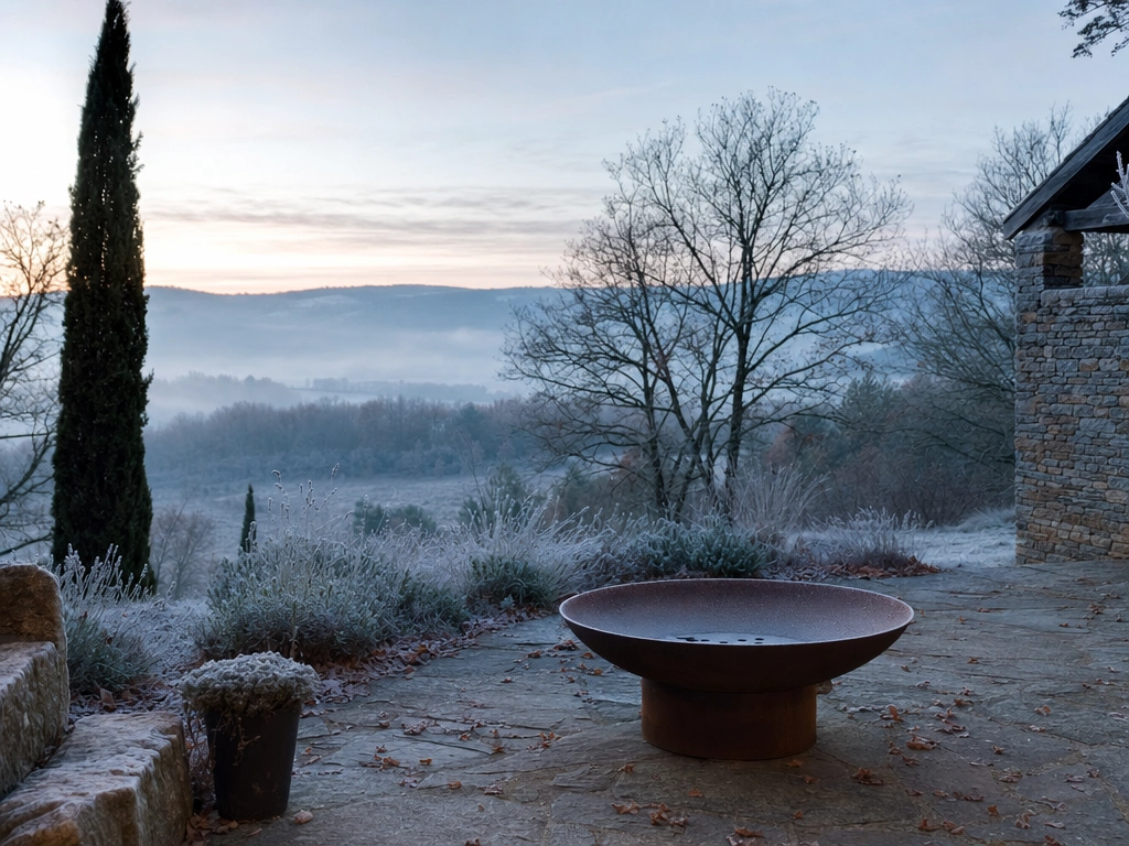 Brasero corten couvert d'une légère couche de givre matinal sur terrasse de campagne en hiver