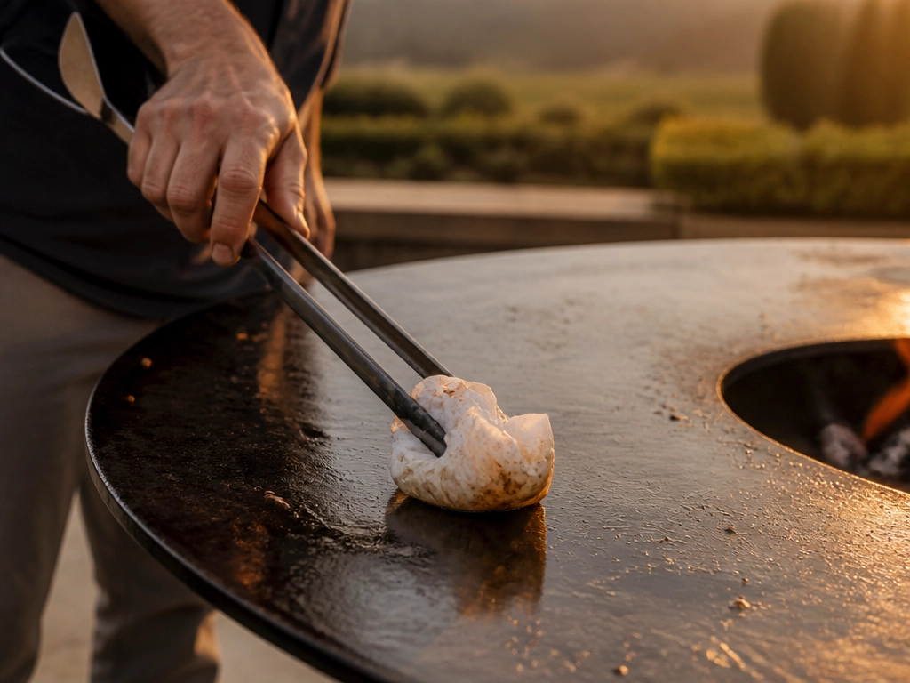 Mains qui appliquent une couche d'huile végétale sur une plancha de brasero en acier carbone tiède avant l'hivernage