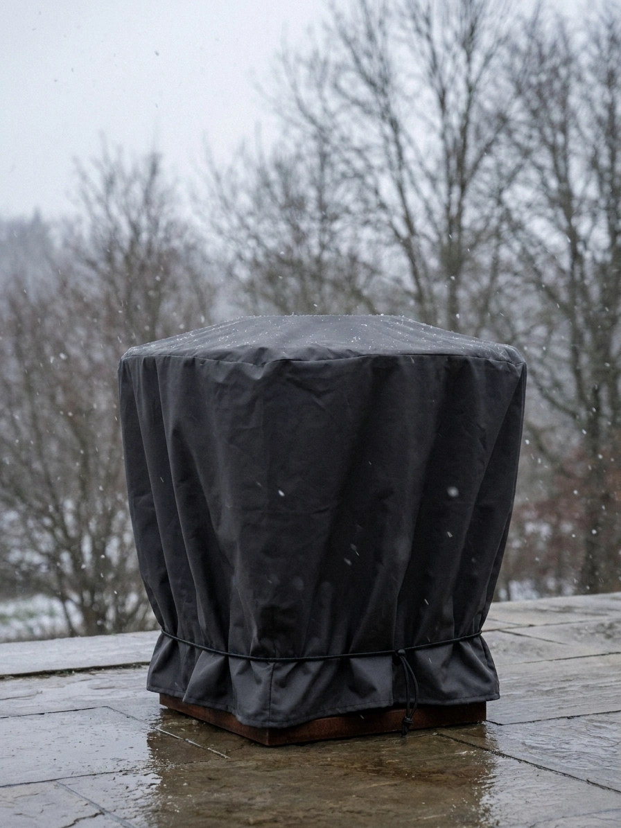 Brasero corten correctement bâché pour l'hiver avec une housse de protection ajustée et des sangles, sous un ciel d'hiver