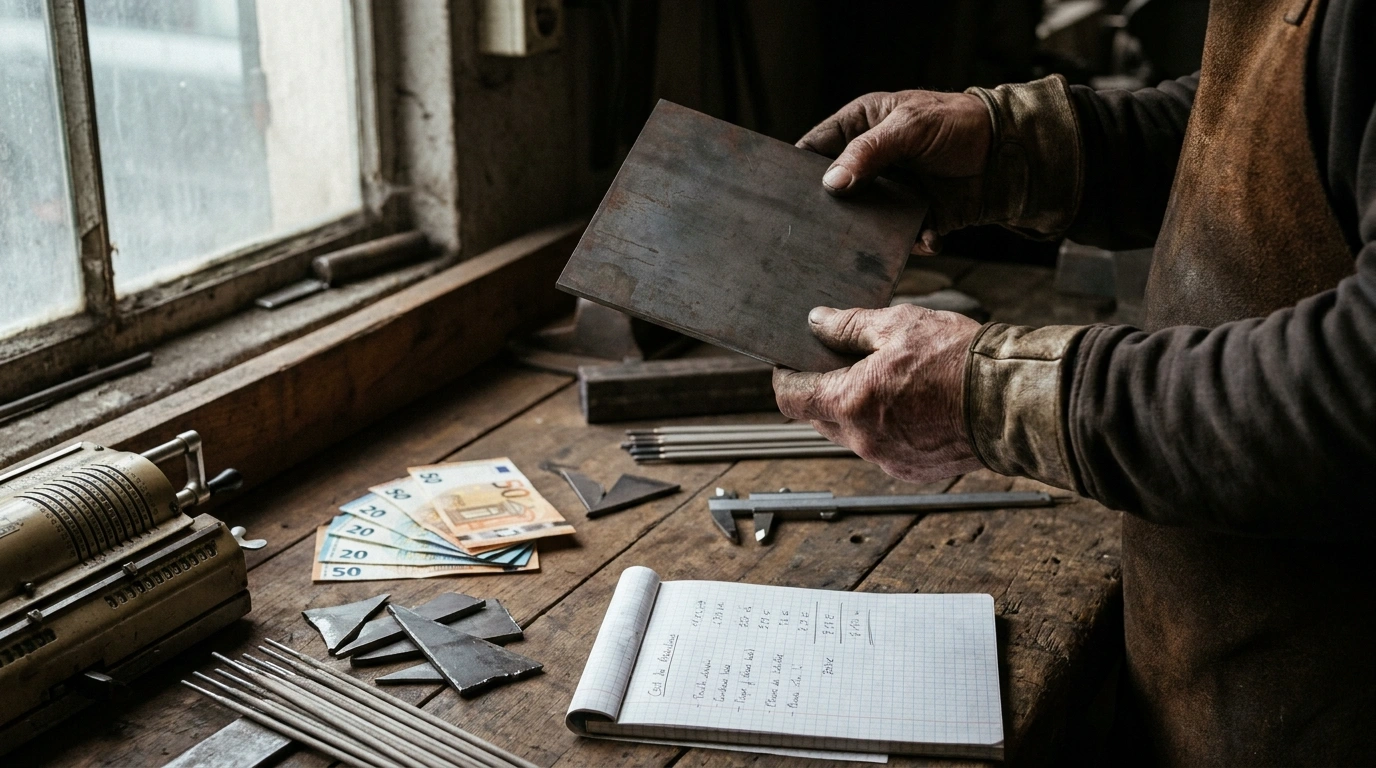 Mains d'artisan ferronnier français présentant une plaque d'acier 3 mm sur un établi avec calculatrice et euros
