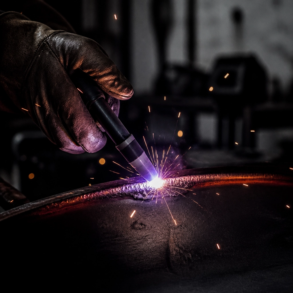 Soudeur français au travail sur un brasero artisanal — soudure TIG à pénétration complète avec arc bleu intense