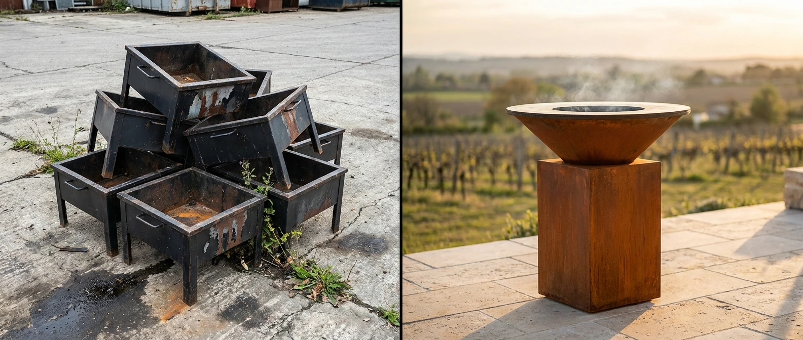 Comparatif visuel entre une pile de braseros industriels jetés à la déchetterie et un brasero artisanal patiné après 20 ans d'usage