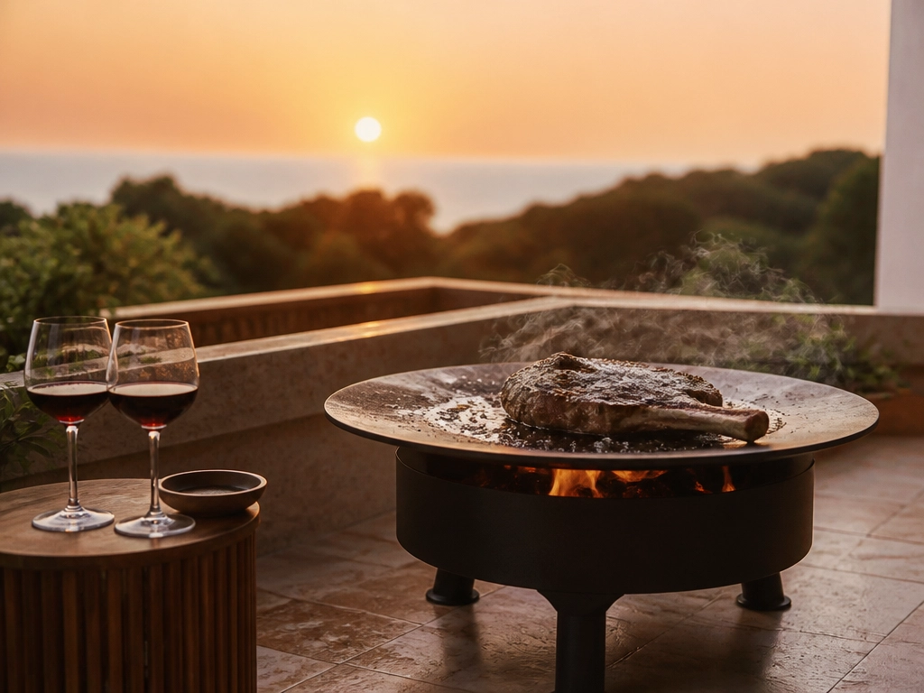 Brasero plancha 50 cm sur balcon parisien avec côte de bœuf en cuisson