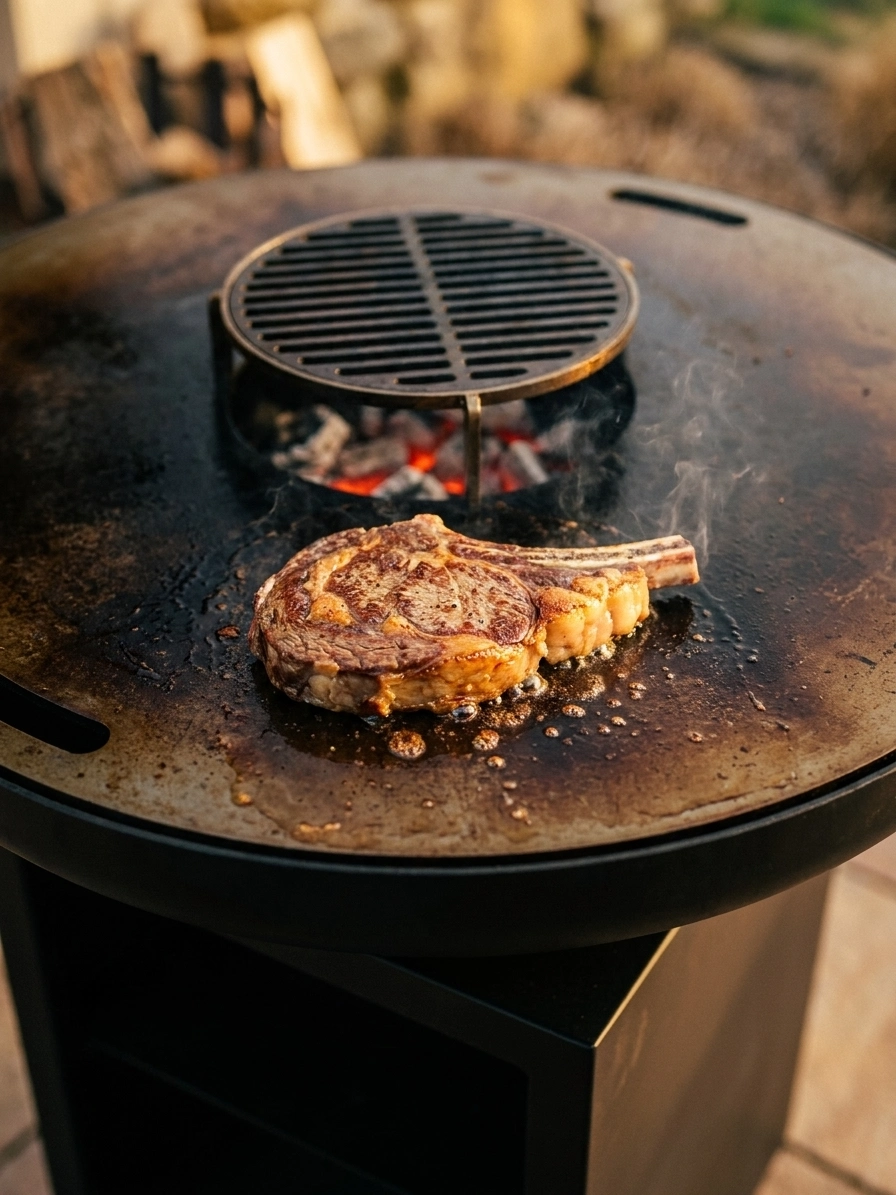 Côte de bœuf maturée 30 jours en pleine saisie sur une plancha de brasero en acier carbone culottée