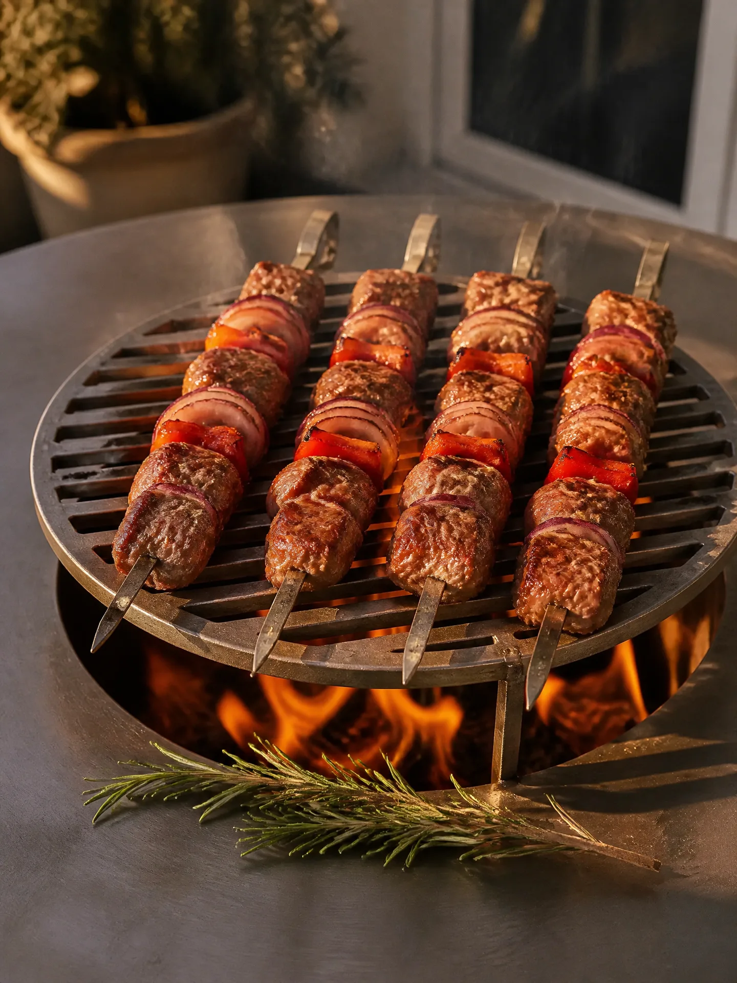 Quatre brochettes d'agneau marinées en cuisson sur la grille centrale d'un brasero plancha avec oignons rouges et poivrons
