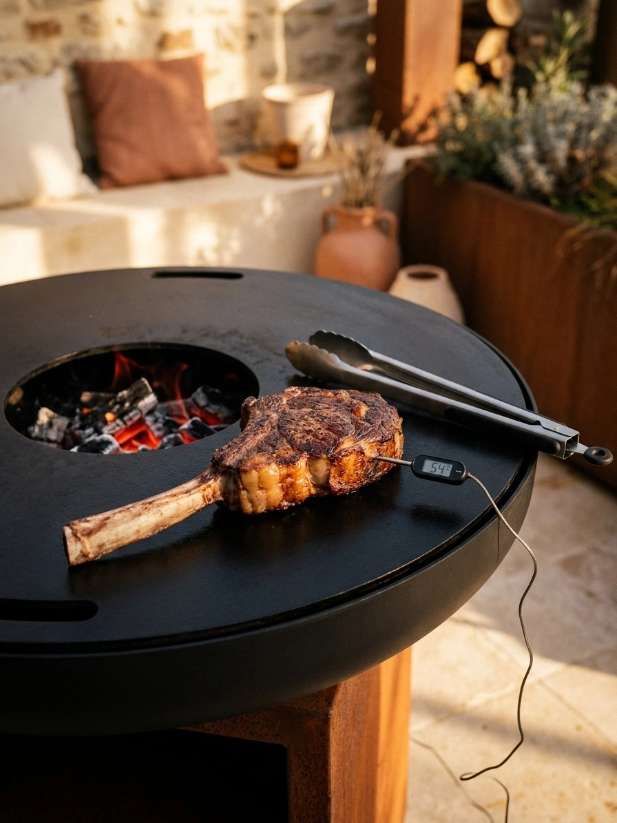 Tomahawk de 1,8 kg en cuisson alternée sur plancha de brasero, croûte parfaite et thermomètre à sonde