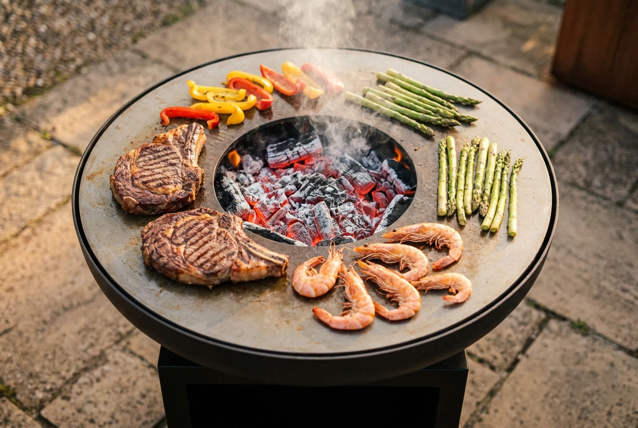 Vue plongeante d'un brasero plancha en pleine cuisson : trois zones thermiques distinctes avec viandes saisies, gambas et légumes