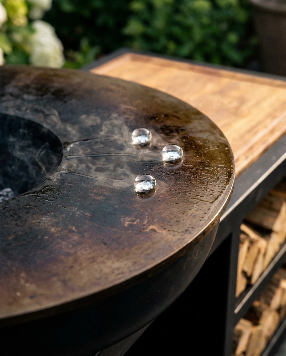 Trois gouttes d'eau qui dansent par effet Leidenfrost sur une plancha de brasero culottée à bonne température