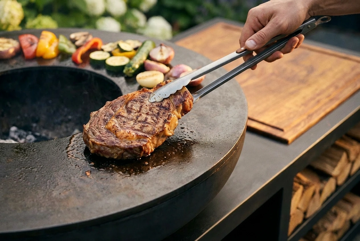 Mains qui déplacent une entrecôte saisie de la zone chaude vers la zone intermédiaire d'une plancha de brasero